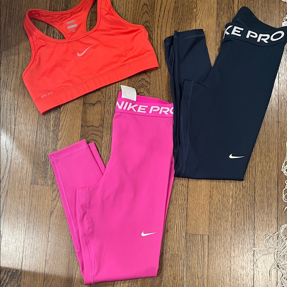 Nike Activewear bundle - Coral sports bra, Pink and Navy leggings all medium